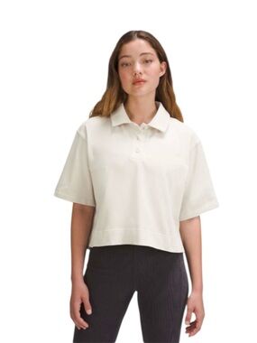 Lululemon Heavyweight Cotton Short Sleeve Polo Bone White Cropped Shirt Size 8